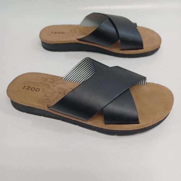 IZOD Sandals Black Tan Alyssa Criss Cross Slip On Open Toe Flats Womens 6 M - Picture 8 of 15